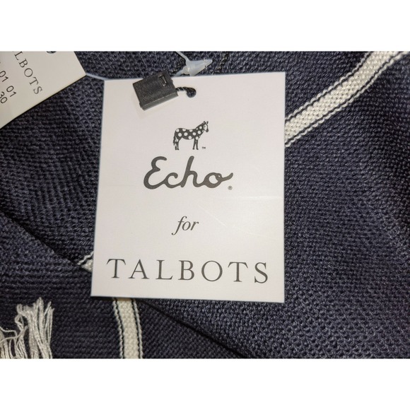 Echo For Talbot's Scarf White Navy Blue Stripes Fringe New With Tags - Picture 5 of 9